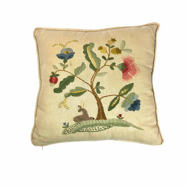 Vintage Linen Embroidered Floral Tree Throw Pillow 