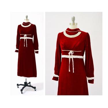 80s Vintage Red Velvet Dress Red White Lace Ruffle Dress Mrs Claus Costume Santa Christmas Costume Dress XXS XS Small Long Red Velvet Dress 