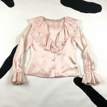 90s Oscar De La Renta Pink Silk Ruffle Blouse / Poet Sleeves / Oversize Pink Ruffle Collar / Pleated / Size 10 / Pastel / Peach / The Nanny 