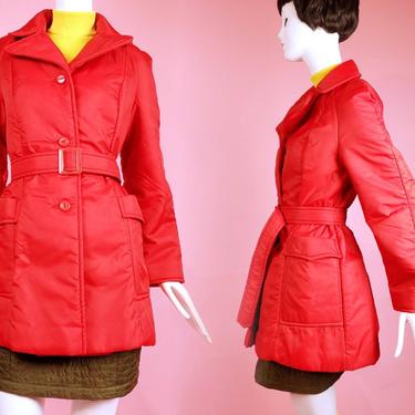 60s mod puffer coat. Never worn vintage condition. Red all over with large iconic collar & mod belt. 