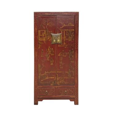 Chinese Vintage Blood Red Golden Scenery Armories Storage Cabinet cs6930E 