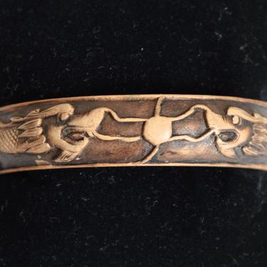 Antique Chinese dragons and pearl wood bangle, circa 1900 hand carved wooden mystical mythic serpents bracelet 