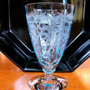 Fostoria  Azure Blue June Etched Footed Tumblers 4 1/2" high  whiskey water juice glass 