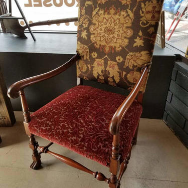 Desk chair, Accent Chair, Upholstered traditional high back chair with wood arms and legs. In Stock and Available NOW 