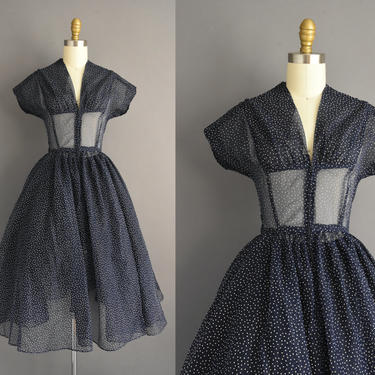vintage 1950s dress | Navy Blue swiss dot sweeping full skirt dress | Size XS | 1950s dress 