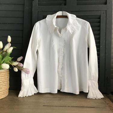 French Chemise Blouse, Ruffle Peasant Shirt, Ruffle Collar Sleeves, White Cotton, Monogram, French Farmhouse 