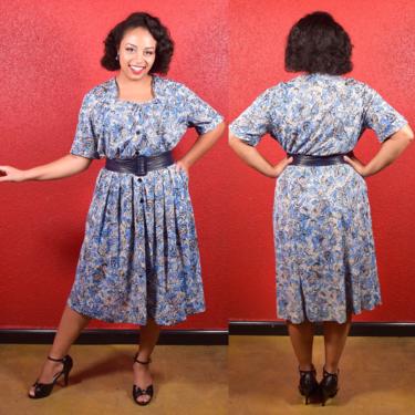 1940s XL Blue Rayon Jersey Paisley Print Dress 