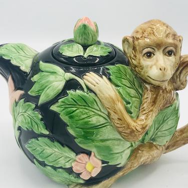 Vintage Fitz and Floyd 1986 Rain Forest Teapot with Monkey Handle Leaves Flowers 