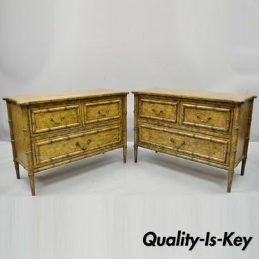 Pair Vintage English Campaign Style Faux Bamboo Nightstands Low Chests by Irwin