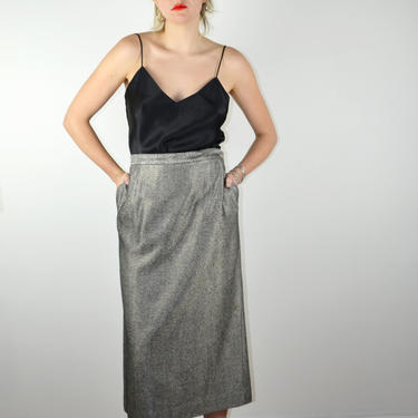 Vintage 80s Does 50s Pencil Skirt / 1980s Metallic Silver Black Pencil Skirt / Vintage 50s Style Skirt / Medium Large 1980s 1990s 90s Skirt 