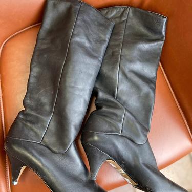 Vintage Genuine Leather Mid-Calf Black Boots with Mini Heel - Size 7.5 
