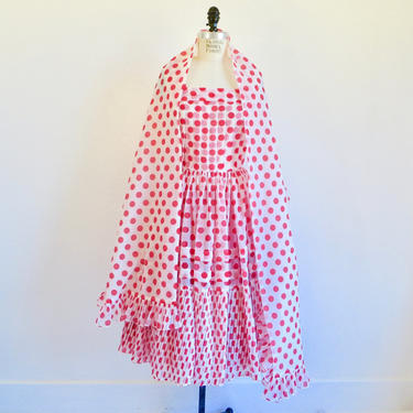 Vintage 1950s Red and White Polkadot Fit and Flare Dress Matching Shawl Full Skirt Rockabilly Swing 29.5&amp;quot; Waist Small Medium 