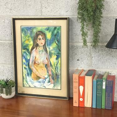 Vintage Nude Watercolor 1960s Retro Size 26x18 Abstract Style Nude Female Portrait Painting + Glass Front + Wood Frame + MCM Home Wall Decor 