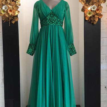 1960s formal gown, vintage 60s dress, green chiffon dress, mike benet dress, 1970s evening gown, 70s sequin dress, size x small 