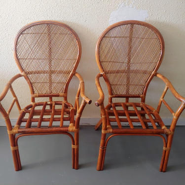 Vintage Rattan Peacock Style Fan Back Arm Chairs - Set of 2 