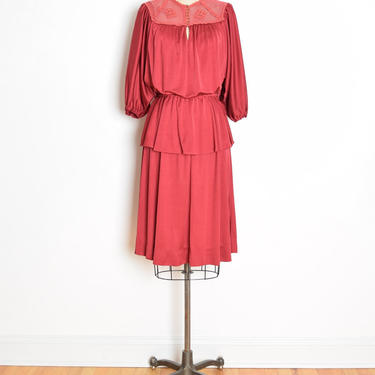 vintage 70s dress burgundy cottagecore hippie boho peplum crochet midi dolman M clothing 