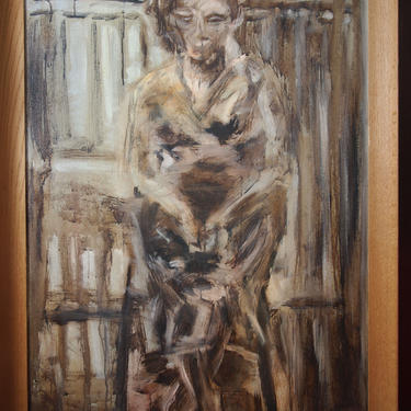 Original DAN BOTKISS PAINTING 44x32&amp;quot; Seated Figure Woman, Oil / Canvas, Abstract Expressionist, Mid-Century Modern Art brown eames era 