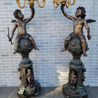 Vintage Set of 6ft Tall Victorian Style Winged Cherub Candelabra Bronze Statues