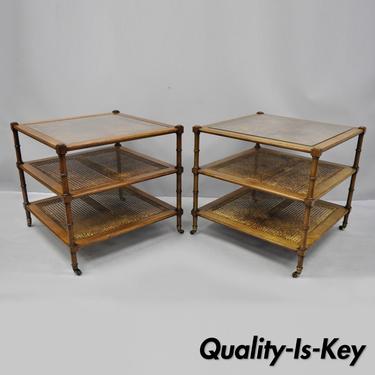 Pair of John Widdicomb Faux Bamboo Three Tiered Cane Square Side End Tables