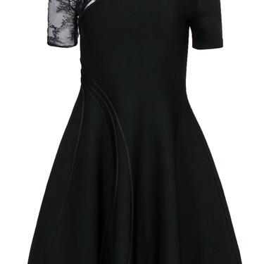 Oscar de la Renta - Black Fit & Flared Dress w/ Patterned Mesh Design Sz M