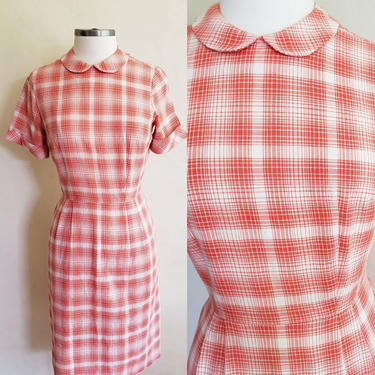 50s Red Plaid Cotton Dress Peter Pan Collar / 1950s Wiggle Dress Short Sleeves / Small / Audrey 