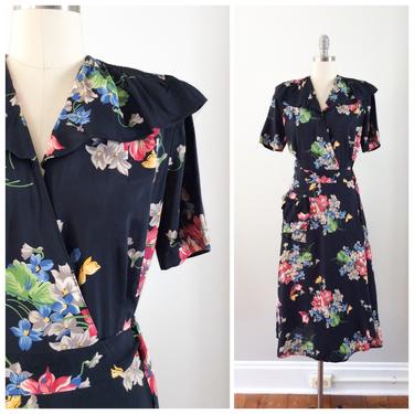 40s Navy Floral Bouquet Print Cold Rayon Dressing Gown / 1940s Vintage Dress / Medium to Large / Size 10 