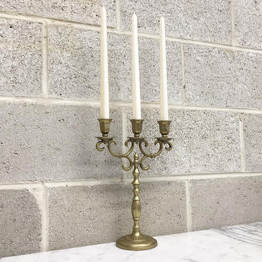 Vintage Candelabra Retro 1980s Gold Brass Metal + Holds 3 Candles + Candlestick Holder + 12 Inches + Etched Florals + Home and Table Decor 