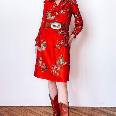 1970s Leslie Fay Red Floral Long Sleeve Dress, sz. S