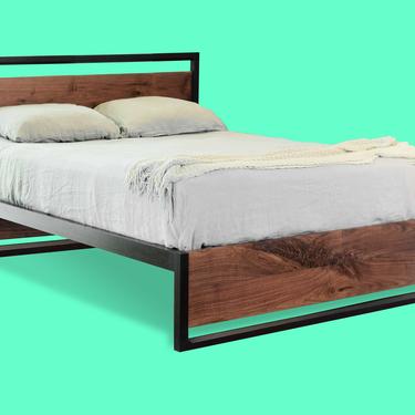 Black frame & Walnut Bed, Solid walnut, Solid wood platform bed, Contemporary bedroom furniture 