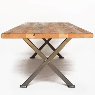 Modern Farmhouse Dining Room Table made with reclaimed wood and steel X shaped base.  Choose size, height, wood thickness and finish. 