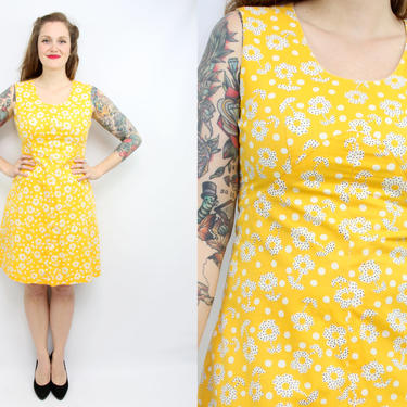 Vintage 60's 70's Yellow Sleeveless Dress / Floral / Flower Print / Cotton / Summer / Shift Dress / Daisy Print / Women's Size Medium by Ru