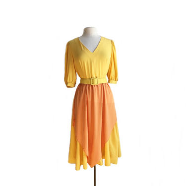 Vintage 70s yellow silk dress/ yellow &amp; orange party dress/ asymmetric layer dress 