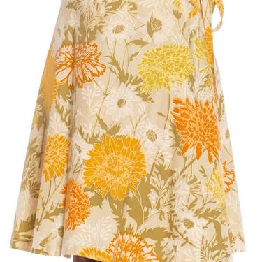 1970S Orange  Beige Cotton Floral Wrap Skirt 