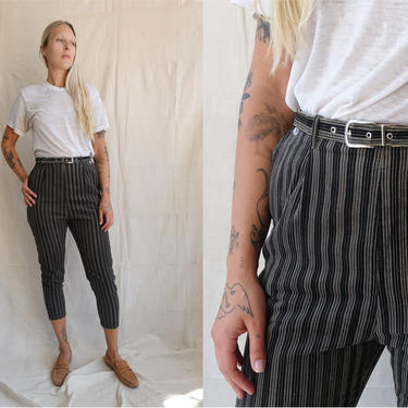 Vintage 50s Pinstripe Corduroy Cigarette Pants with Matching Waist Belt/ 1950s 1960s Grey Black Striped High Waisted Trousers/ Size 26 Small 