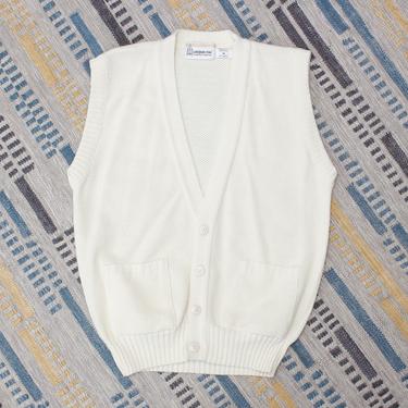Vintage 1980s does 1930s Mens Sweater Vest - Ivory White Preppy Knit Vest with Pockets - M 