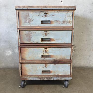 Industrial Metal &amp; Wood Four Drawer Rolling Cabinet