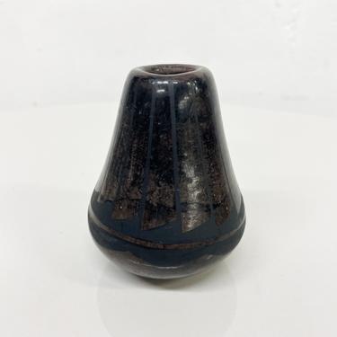 1970s Modern Black Pottery Small Weed Pot Bud Vase Linear Graphic 