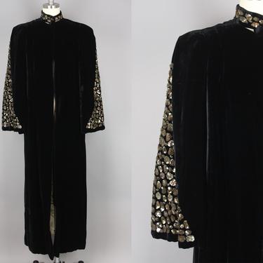 1930s Silk Velvet Evening Coat with Sequin Sleeves · Vintage 30s 40s Floor Length Formal Coat · Small / Medium 
