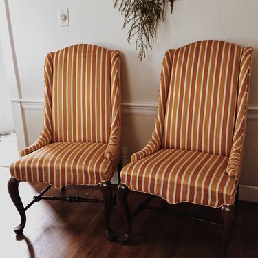 Pair of vintage baumritter chairs, orange and cream striped wingback chairs, baumritter wingback chair 