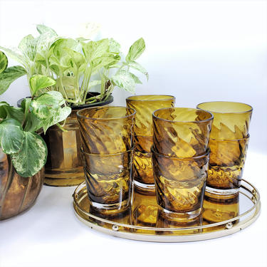 FREE SHIPPING! Vintage Amber Swirl Glasses  | Set of 7 Short Juice Glasses | MCM Colored Glassware Drinkware Barware 