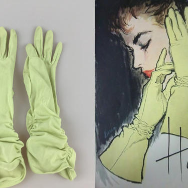 Lime Filled Day Dreams - Vintage 1950s 1960s Chartreuse Lime Green Sheer Shirred Mid Forearm Gloves - 6.5/7 