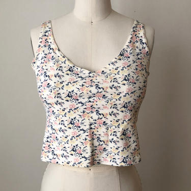 Cream Floral Print Cropped Tank Top  - Early 1990s 