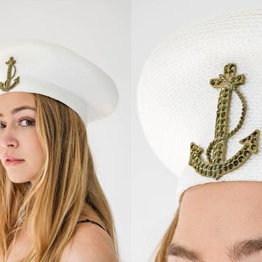 Vintage 80s Frank Olive Red White Straw Beret Hat w/ Brass Metal Anchor Brooch | Nautical, French, Bohemian | 1980s Designer Boho Beret Hat 