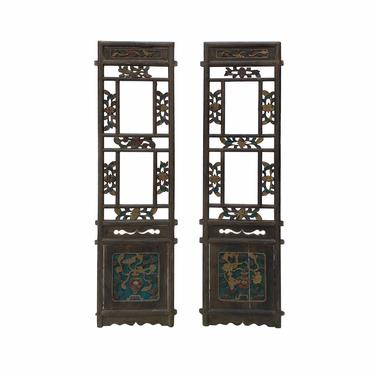 Pair Chinese Vintage Restored Wood Brown Flower Carving Wall Hanging Art ws1614E 