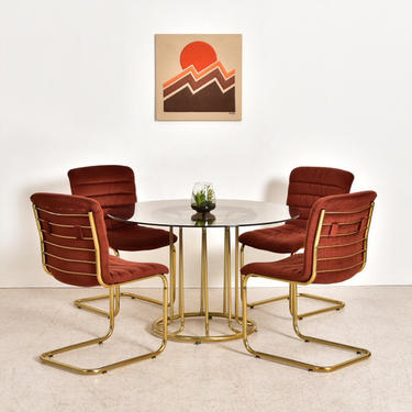 Smoked Glass 1970’s Vintage Dining with Burnt Orange Chairs