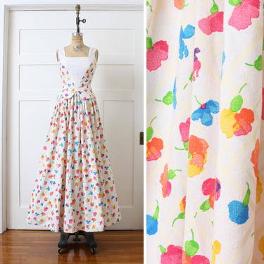 ON SALE vintage 1970s bright floral dress set • sweetpea print full length skirt &amp; sleeveless top • summer ceremony gown 