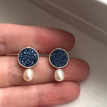 Blue Druzy Studs with Perched Pearls on Bottom of Heavy Sterling Bezel 