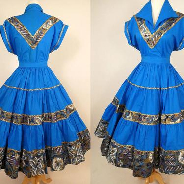Incredible 1950's Dead Stock Western Patio Dress with Hawaiian Tropical fabric Trim Honky Tonk Swing Dress Size Small 