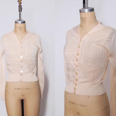 Vintage 70s cream button down sweater / fitted open weave design sweater / 70s knit button down top / eyelet sweater 