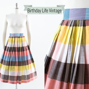 Vintage 1950s Skirt | 50s Plaid Cotton Pleated Full Swing Skirt (small) 